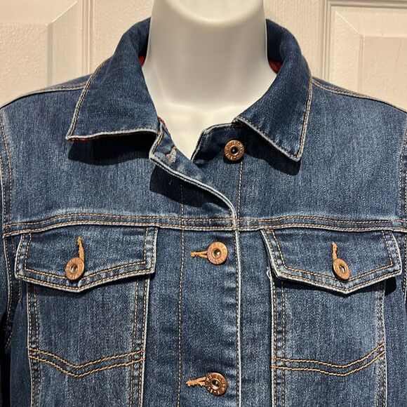 PARASUCO Red Plaid Lined Blue Denim Jacket Size S (fits s/m) see measurements - Picture 3 of 14
